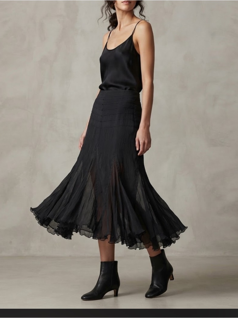 Y2K Black 100% Silk Midi Skirt Women's Size 10 Flounce Ruffle Hem Goth Boho